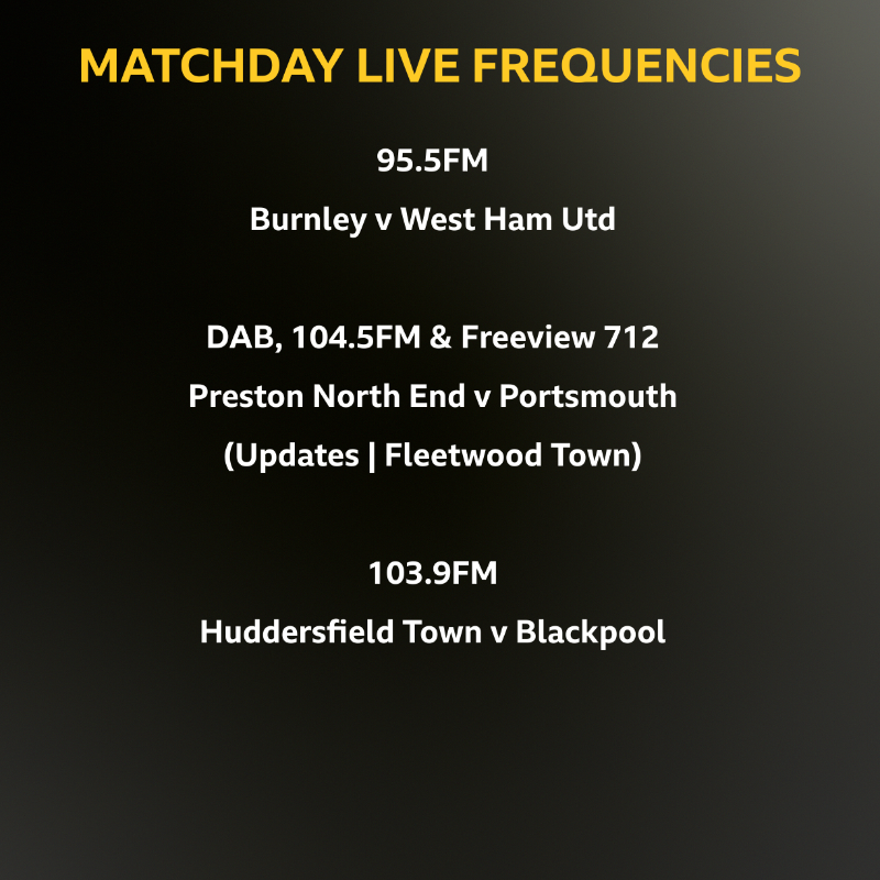 BBCLancsSport's tweet photo. ⚽  FREQUENCIES  ⤵️ 

⚽  #Burnley
🎙️  Scott Read &amp; Steve Eyre

⚪  #Preston North End
🎙️  @AndyBayes &amp; @keepingskills

🟠  #Blackpool
🎙️  Ian Chisnall &amp; @B1orm

🔴  #Fleetwood
🎙️  Phil Gittins

🔴  #Morecambe
🎙️  @derekquinncomm

#bbcfootball