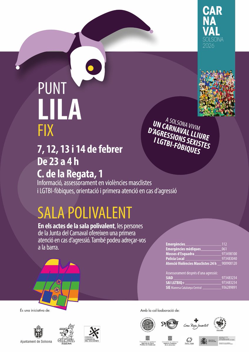 Solsona_cat's tweet photo. 📊 Dades 2025
✔️ 113 persones ateses
✔️ Majoritàriament dones de 19 a 29 anys
✔️ Cap denúncia per agressió sexual o LGTBI-fòbica
ℹ️ https://t.co/jLkItaD2Mp
#Solsona #CarnavalSolsona #PuntLila https://t.co/fmouhjpjg4