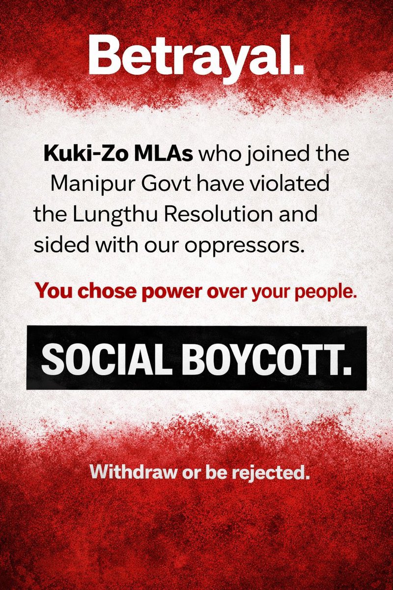 The Kuki-Zo Council(KZC) has declared a social boycott against Kuki-Zo MLAs, who have joined the Manipur Government, calling it a betrayal.

<a href="/KipgenNemcha/">Nemcha Kipgen</a> <a href="/LMKhaute/">LallianMang Khaute, MLA,IPS(retd)</a> <a href="/NgursanglurS/">Ngursanglur_Sanate</a> <a href="/newslaundry/">newslaundry</a> <a href="/IndiaTodayNE/">India Today NE</a> <a href="/vijaita/">Vijaita Singh</a> <a href="/NENowNews/">Northeast Now</a>