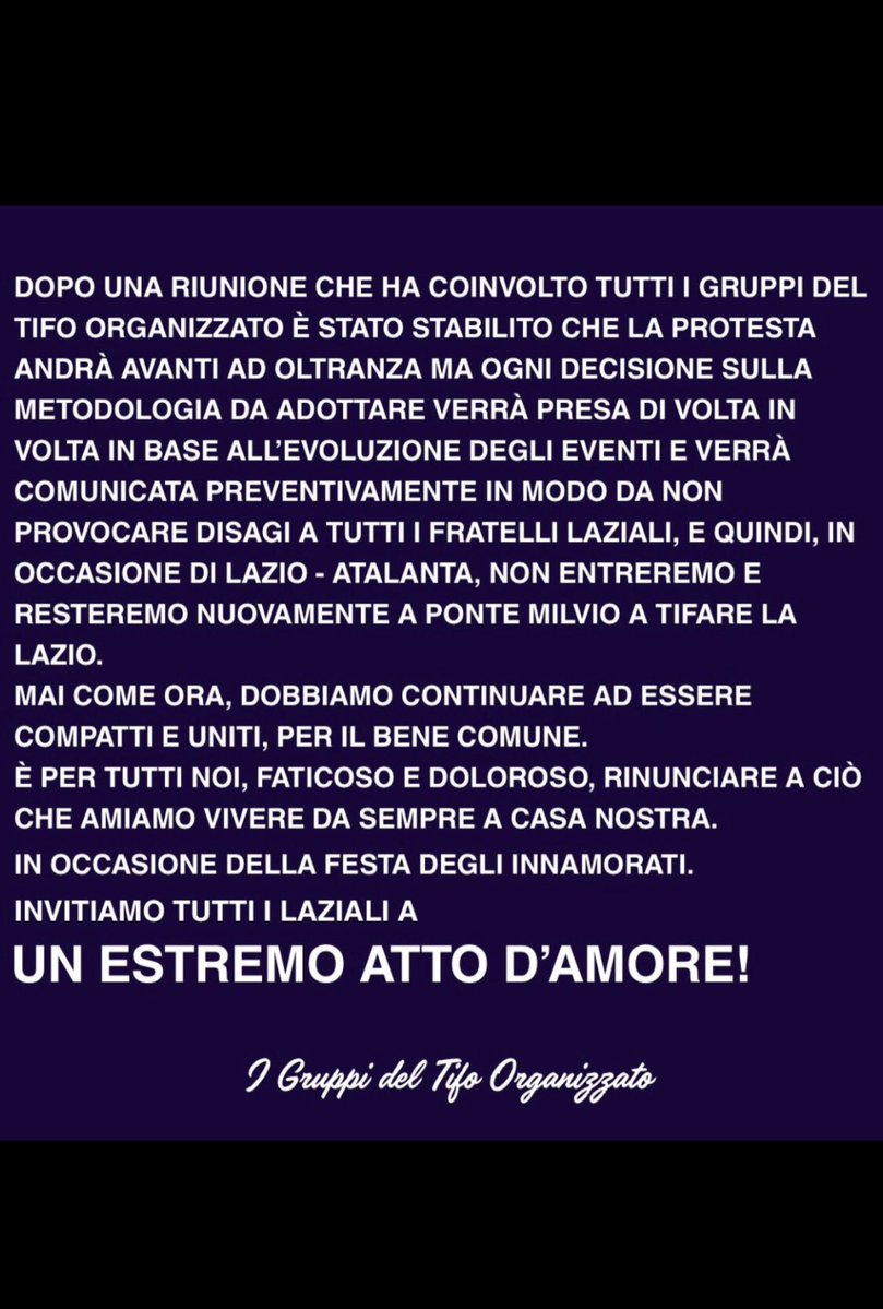 Stavolta si fa sul serio e non si torna indietro!
È partita la nostra Rivoluzione!
Allons enfants de la patrie, le jour de gloire est arrivè, contre nous de la tyrannie!
Forza Lazio!
Forza Laziali!
Vendi e Vattene!🤍🩵