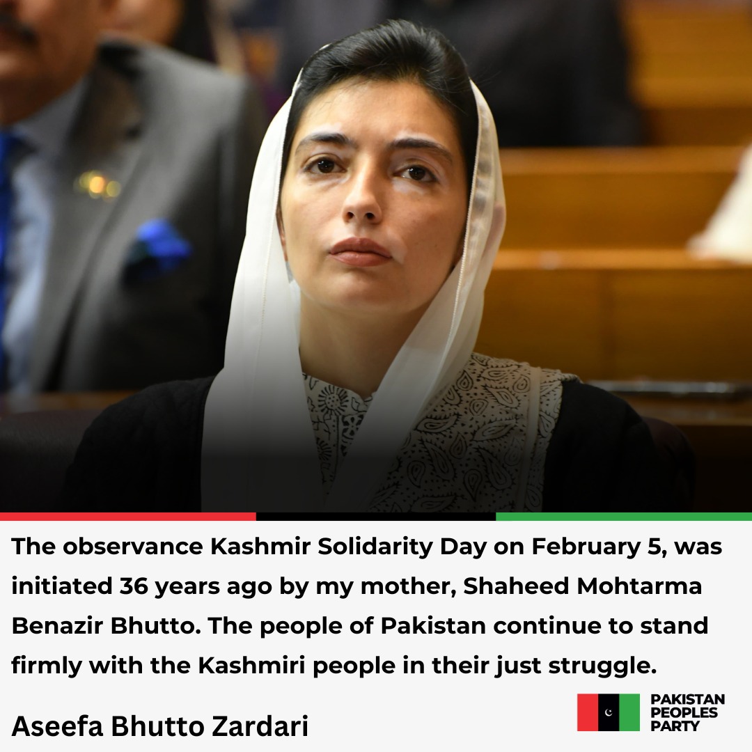 First Lady,Bibi <a href="/AseefaBZ/">Aseefa B Zardari</a> pays tribute to the resilience of Kashmiri women&amp;youth living under occupation,reaffirming Pakistan’s solidarity with people of Indian Illegally Occupied Jammu and Kashmir (IIOJK)&amp;their right to self-determination
#KashmirSolidarityDay
<a href="/BBhuttoZardari/">Bilawal Bhutto Zardari</a>