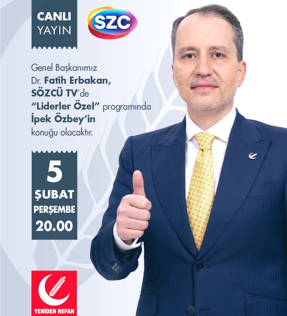 📡CANLI YAYIN

Genel Başkanımız Dr. Fatih Erbakan, bu akşam saat 20.00’da <a href="/szctelevizyonu/">SÖZCÜ Televizyonu</a> “Liderler Özel” programında gündeme ilişkin önemli açıklamalarda bulunacaktır.
