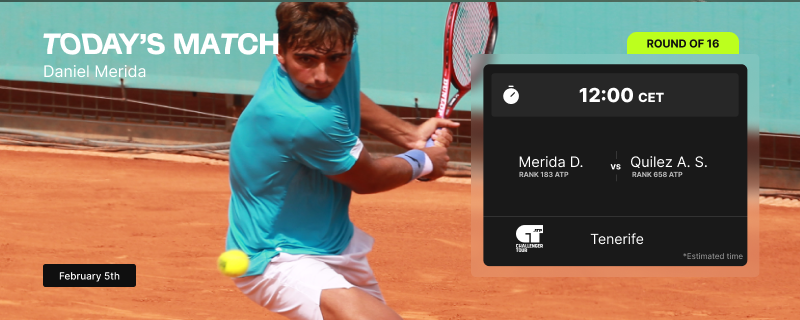 Match time approaching ⏱️🎾

Daniel Mérida is back on court in Tenerife,
taking on Quílez A. S. (ATP 658) in the Round of 16 —
starting in 20 minutes.

You can watch it live on Challenger TV:
atptour.com/en/atp-challen…

We’re getting closer to a big milestone.
If Dani breaks into