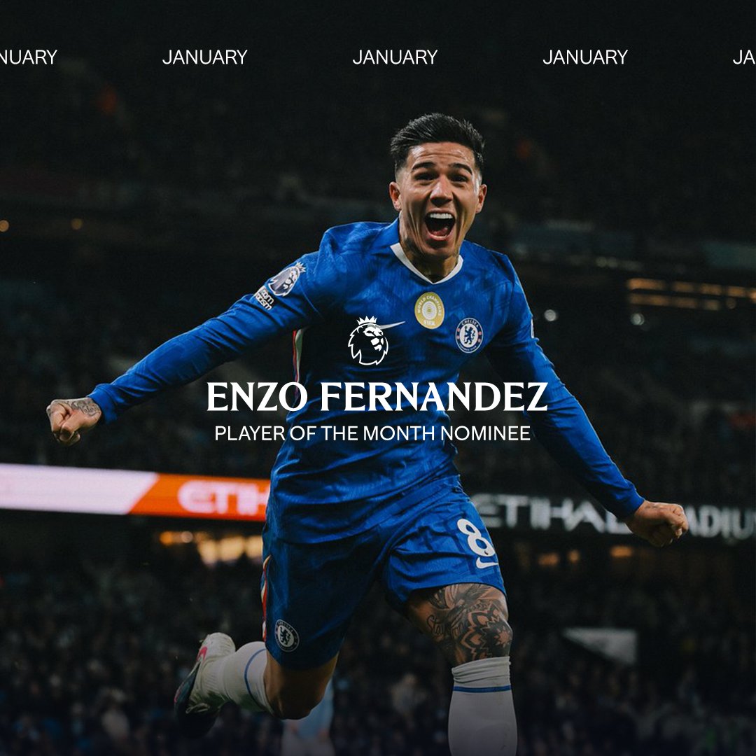 ChelseaFC's tweet photo. Ou No.8 🤩

Enzo Fernandez has been nominated for the #PL Player of the Month for January. 👏