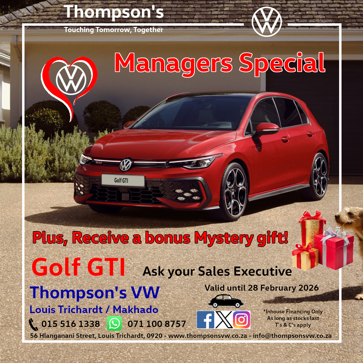 Special offers @ Thompson's VW. 
Visit our website at thompsonsvw.co.za for more. 
Email: info@thompsonsvw.co.za, 
WhatsApp: 071 100 8757, 
Tel: 015 516 1338.
#specials #promotion #thompsonsvw
