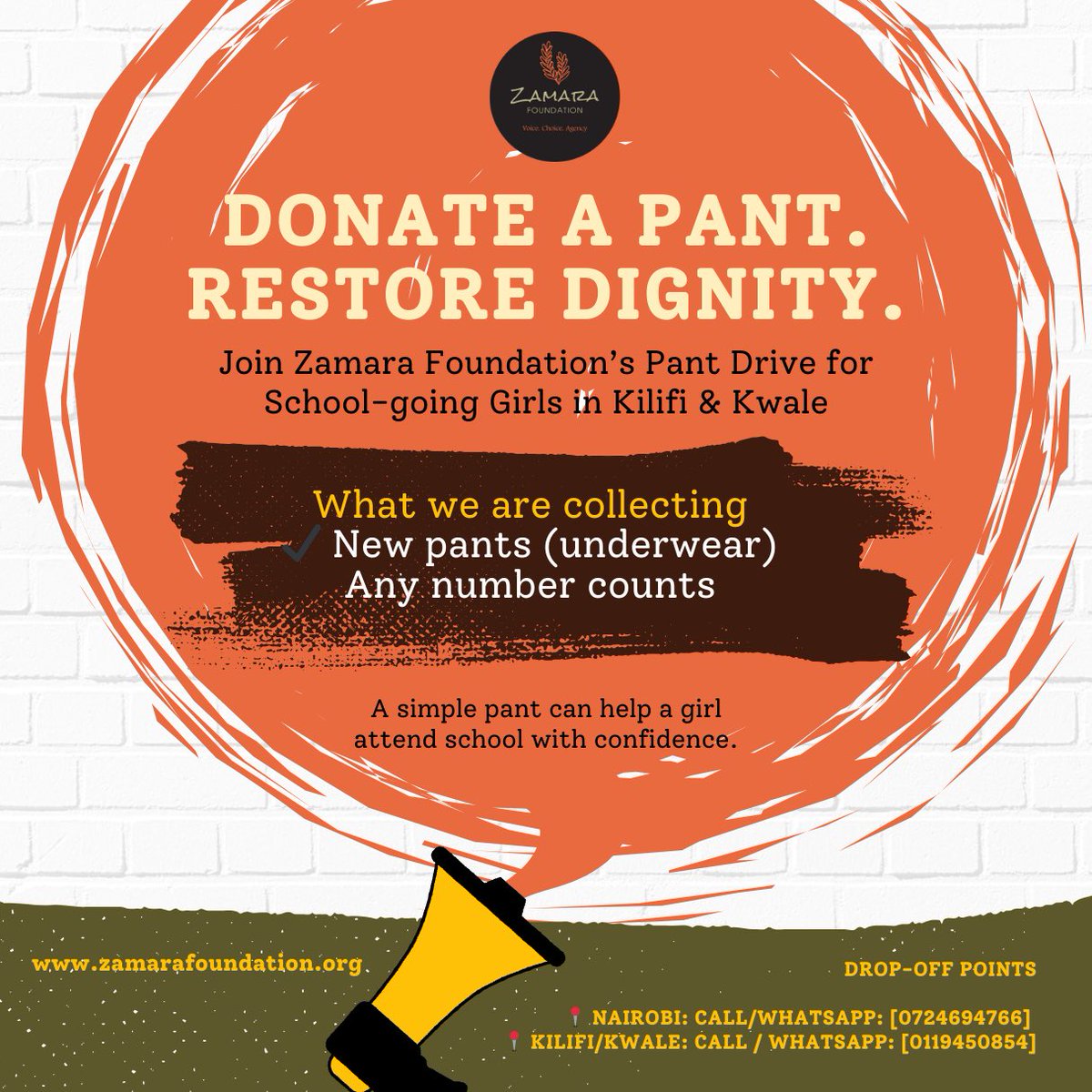 📣Donate a Pant. Restore Dignity.📣

Through our Gumzo Darasani program in Kilifi and Kwale, Zamara Foundation has learned that many school-going girls have a limitation of something very basic; decent underwear. Without pants, girls feel uncomfortable, embarrassed, and unsafe,