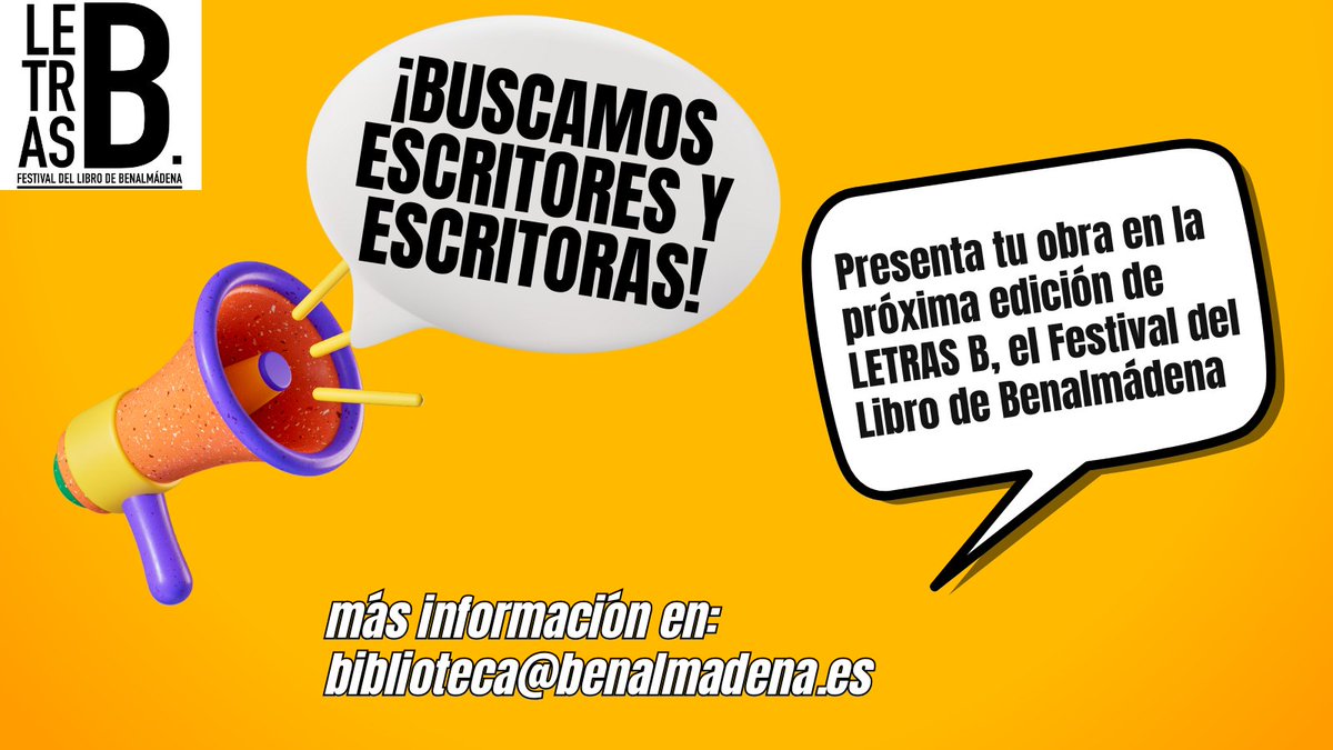 📷¿Has publicado algún libro? Si es así, ¡te necesitamos!📷
📷 En 𝐿𝑒𝑡𝑟𝑎𝑠 𝐵, el Festival del Libro de #Benalmádena, buscamos autoras y autores de nuestro municipio para que presenten sus obras en él.
📷¿Interesada/o? Contacta con nosotros en biblioteca@benalmadena.es