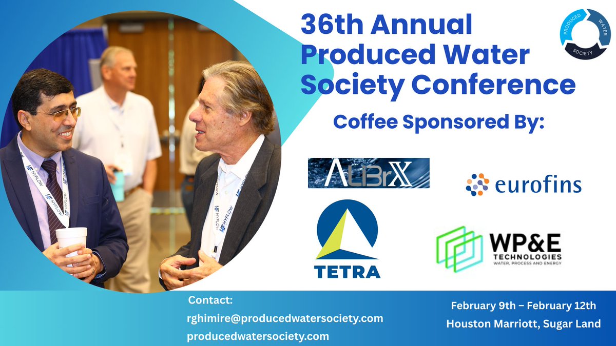 _producedwater's tweet photo. Sip. Connect. Collaborate. ☕
Proud to have our Coffee Sponsors supporting meaningful networking at the 36th Annual Produced Water Society Conference.
#ProducedWaterSociety #PWS2026 #ConferenceSponsors #Networking https://t.co/7GoBrzWili