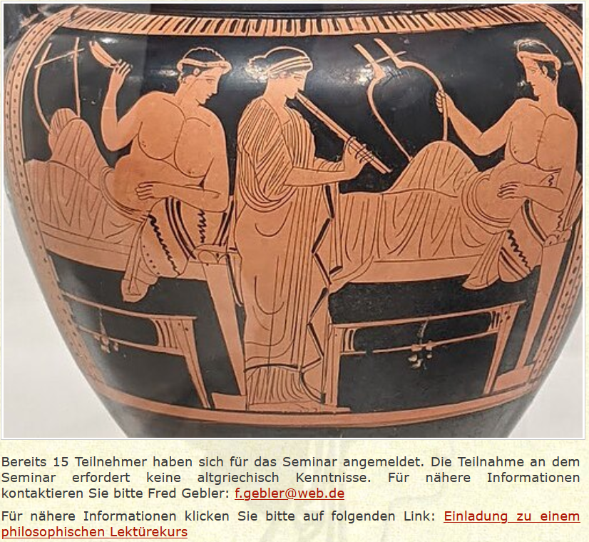 28. März - 6. April: Philosophisches Seminar – Platons "Symposion"
Veranstalter: Fred Gebler (Leiter der Philosophischen Praxis Greifswald)