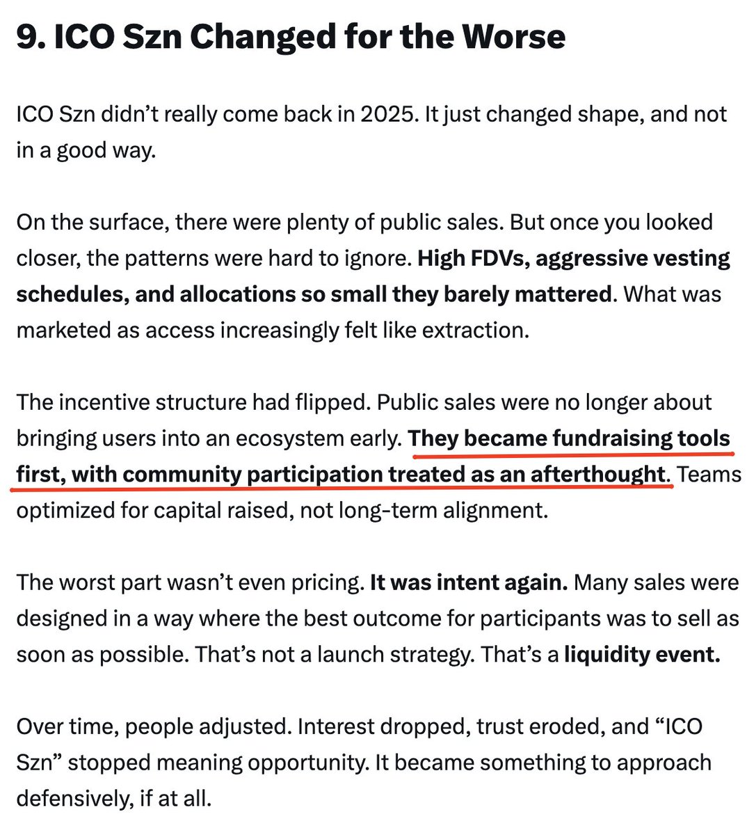 ICO szn never really came back.
It just wore a different costume for a bit.

After a few launches, it became pretty obvious.

If everyone’s goal is to sell on day one, that’s not an ICO.
That’s a liquidity event. exit liquidity, specifically.

ICOs aren’t supposed to work like