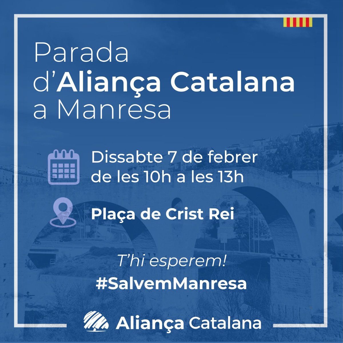 ManresaAC's tweet photo. Si creus que casa nostra necessita un #canvi real, aquest dissabte t'esperem a la parada de #Manresa.
Vine i participa: el #futur de #Manresa i #Catalunya també depèn de tu!
#SalvemManresa #SalvemCatalunya https://t.co/NP9vkbElDh