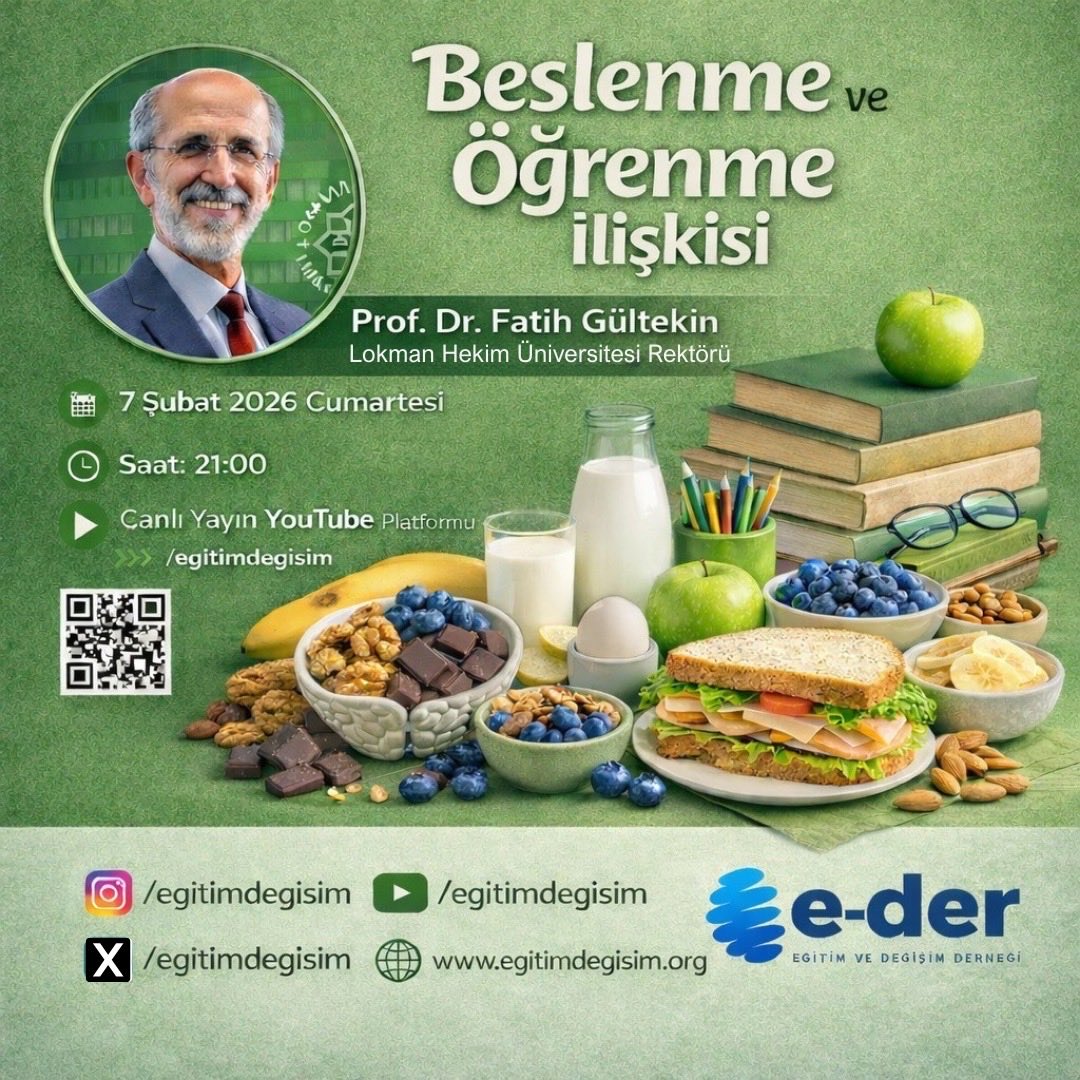 egitimdegisim's tweet photo. Eğitim süreçlerinde başarının anahtarı sadece kitaplarda mı?

7 Şubat 2026 Cumartesi günü saat 21:00'de gerçekleştireceğimiz özel canlı yayında, Lokman Hekim Üniversitesi Rektörü 
Prof. Dr. Fatih Gültekin’in değerli anlatımıyla; doğru beslenmenin akademik başarıya katkısını ve dikkat dağınıklığıyla mücadelede gıdaların rolünü konuşacağız.

🔗 İzlemek için:
https://t.co/Xcr1xplmHI

#eder #beslenmeveogrenme #sağlıklıyaşam