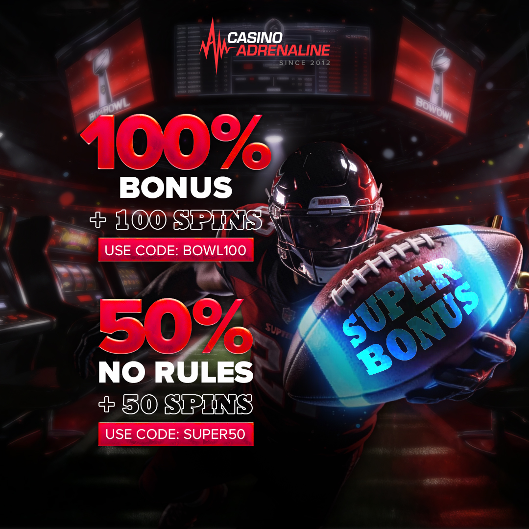 🏟️ Super Bonus is here for you before, during, and after the halftime show 'til Feb. 9th.

💥 Use No Rules bonus to pass on wagering requirements—rush away with wins using code SUPER50.

🏈 Going long? Flip coin into a doubled entry with code BOWL100 to get even more Free Spins.