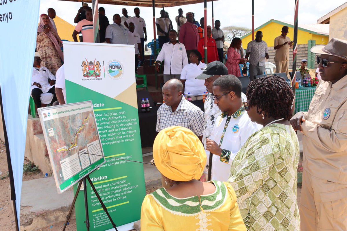 NDMA_Kenya's tweet photo. Cabinet Secretary for EAC, ASALs & Regional Development @CSBeatriceMoe has arrived at Garbatulla Baraza Park to officiate the final day of the #NDMAPeaceCaravan that brought together participants from Isiolo, Garissa and Meru counties.
The CS was taken through the Caravan route by NDMA CEO @HaredAHassan. She was in the company of PS for @ASALs_Regional Mr. Harsama Kello @harsama_kello, Garissa Deputy Governor H.E Abdi Dagane and Meru Woman Representative Hon. Elizabeth Karambu.