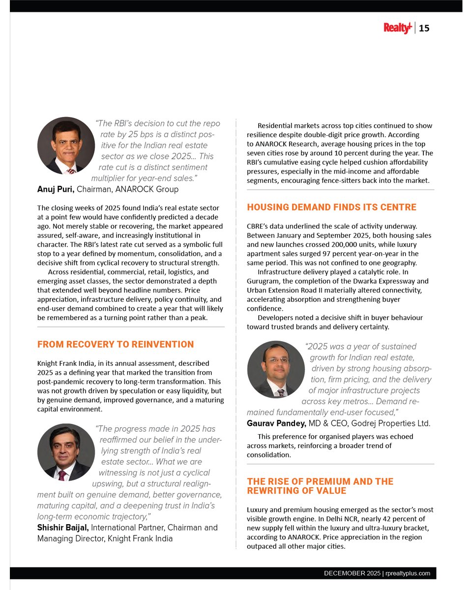 RPRealtyPlus's tweet image. 2025 wasn’t a rebound. It was a structural reset.

👉 Read the full December 2025 Cover Story by Asma Rafat here: rprealtyplus.com/magazine/decem…

#RealtyPlus #DecemberIssue #CoverStory #IndianRealEstate #MarketReset #IndustryLeaders #StructuralGrowth #RealEstate2025