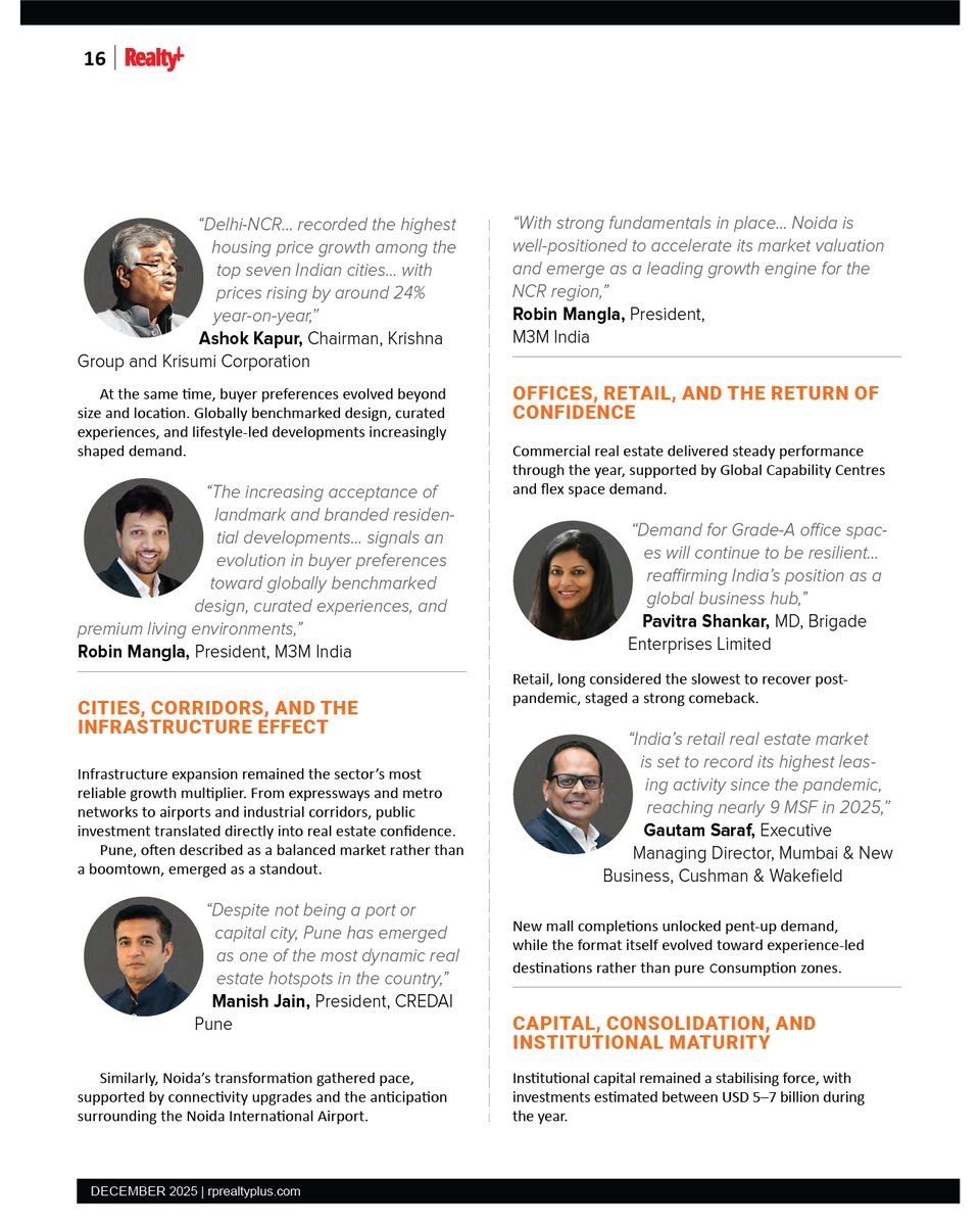 RPRealtyPlus's tweet image. 2025 wasn’t a rebound. It was a structural reset.

👉 Read the full December 2025 Cover Story by Asma Rafat here: rprealtyplus.com/magazine/decem…

#RealtyPlus #DecemberIssue #CoverStory #IndianRealEstate #MarketReset #IndustryLeaders #StructuralGrowth #RealEstate2025