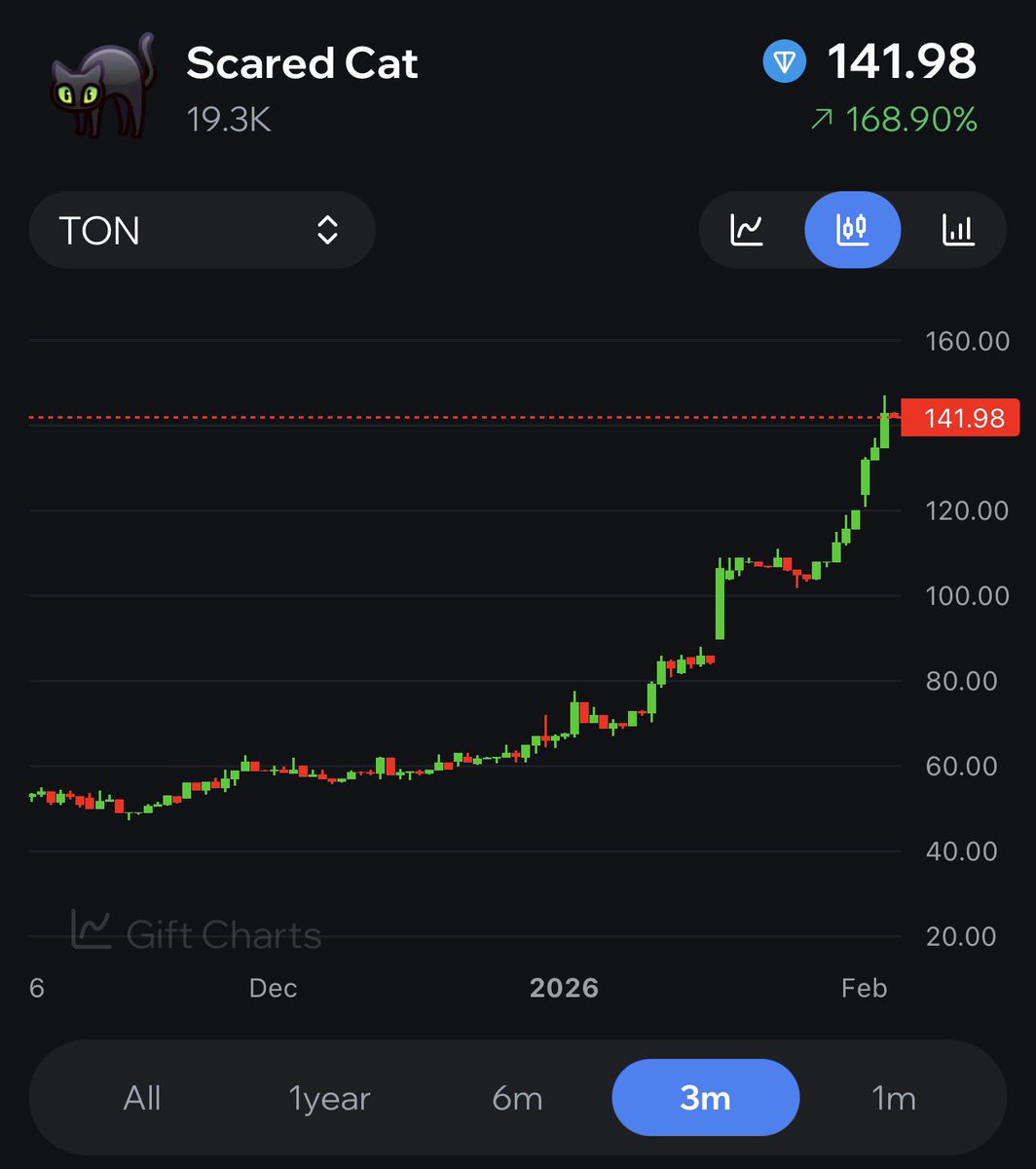 Giooton's tweet image. No bear market for Telegram Gifts on TON.

Scared Cat NFTs are up 168% in the last 3 months, 105% in the last month.

how are your crypto bags doin btw?