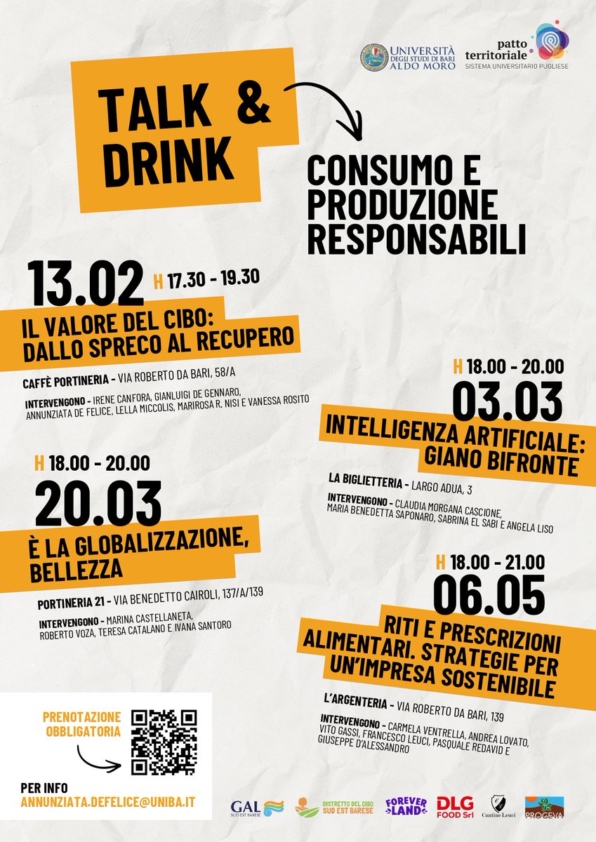 📣 Talk &amp; Drink – Consumo e produzione responsabili: insieme a UniBA per promuovere consapevolezza sul Goal 12 dell’Agenda 2030.
🗓 13/02/2026 | 🕠 17:30–19:30 | 📍 Caffè Portineria, Bari.
Registrati qui ➡️ docs.google.com/forms/d/e/1FAI…