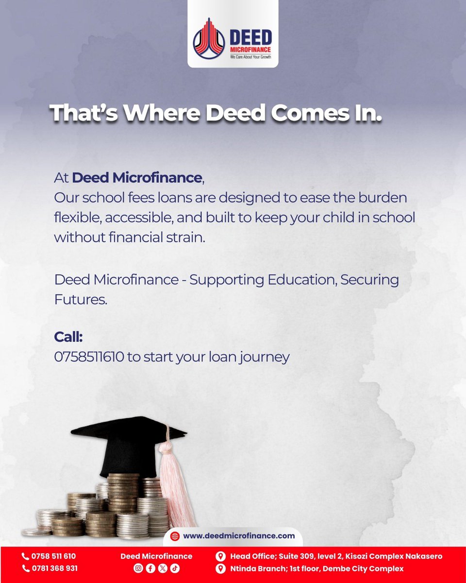 DeedLoans's tweet photo. Rising school fees and increasing requirements place unnecessary pressure on families,but education should never be out of reach.

At Deed Microfinance, our school fees loans are structured to help parents and guardians manage education costs with confidence and flexibility. From uniforms and books to tuition and registration, we make it easier to keep children in school without disrupting your financial stability.

Because when education is a priority, financing it should be simple
.
📞 CALL 0758511610 start your loan journey journey today.

#DeedMicrofinance #SchoolFeesLoans #EducationFinancing #SupportingEducation #FinancialSolutions #AccessToEducation #SmartBorrowing #FamilyFinance