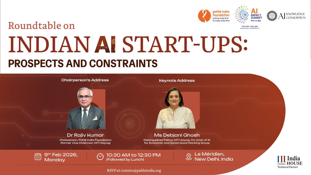 Is India ready to lead the global AI revolution? 🚀

<a href="/PahleIndia/">Pahlé India Foundation</a> in collab with <a href="/AIKC_India/">AI Knowledge Consortium</a> is hosting closed door roundtable on Indian AI Start-ups: Prospects and Constraints, an official pre-summit event in the lead-up to India AI Impact Summit 2026, bringing together