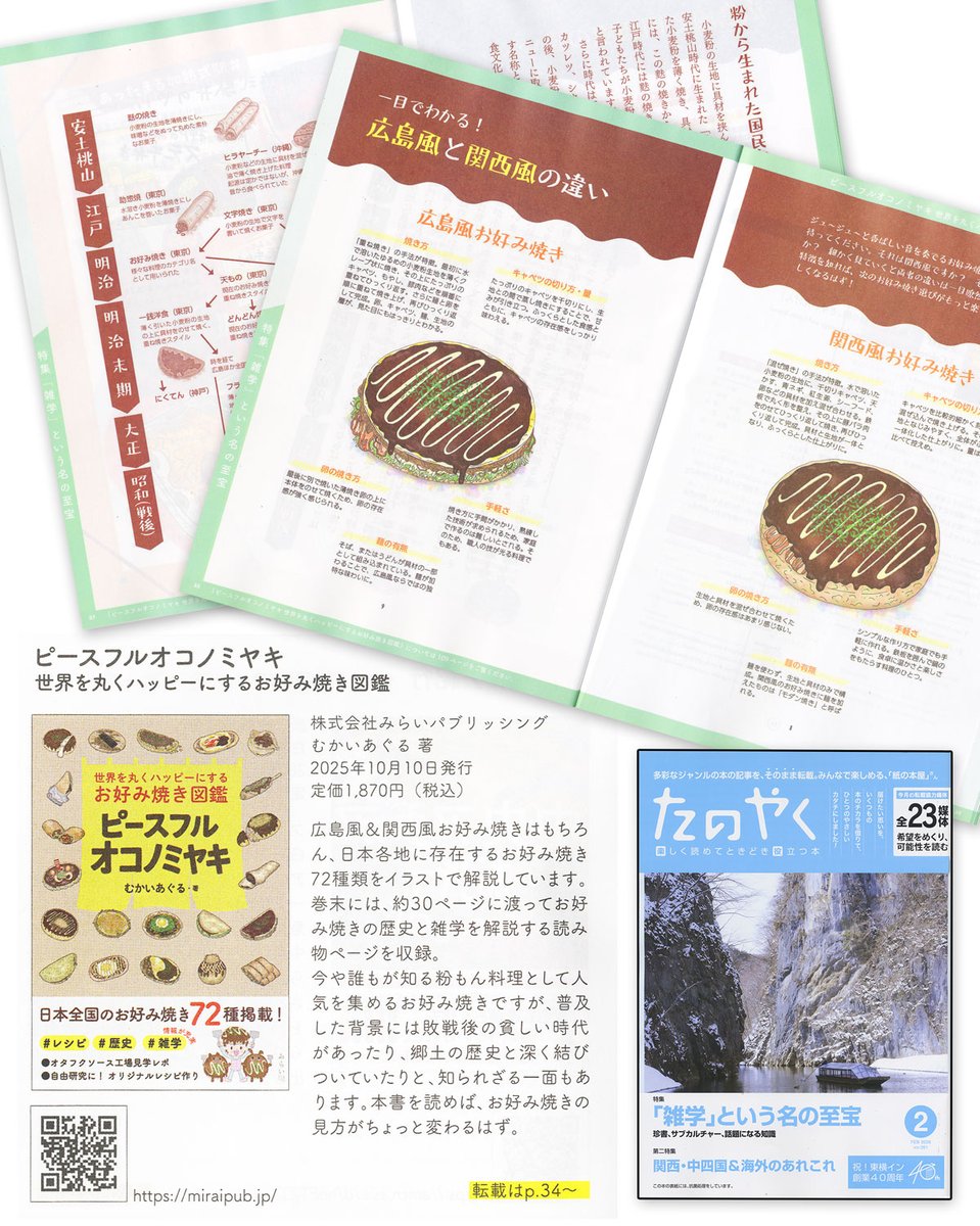 m_aguru's tweet photo. 東横INNの客室専用誌「たのやく2月号」@tano_yaku に私の著書「ピースフルオコノミヤキ」が見開き4Pで転載されました！ 宿泊者の方は自由に持ち帰れるそう。ぜひチェックしてください。
↓著書ピースフルオコノミヤキ
Amazon：https://t.co/8KUo81c6iB
みらいパブリッシング：https://t.co/brV1Xq9Lqa https://t.co/vFMWw2rArt