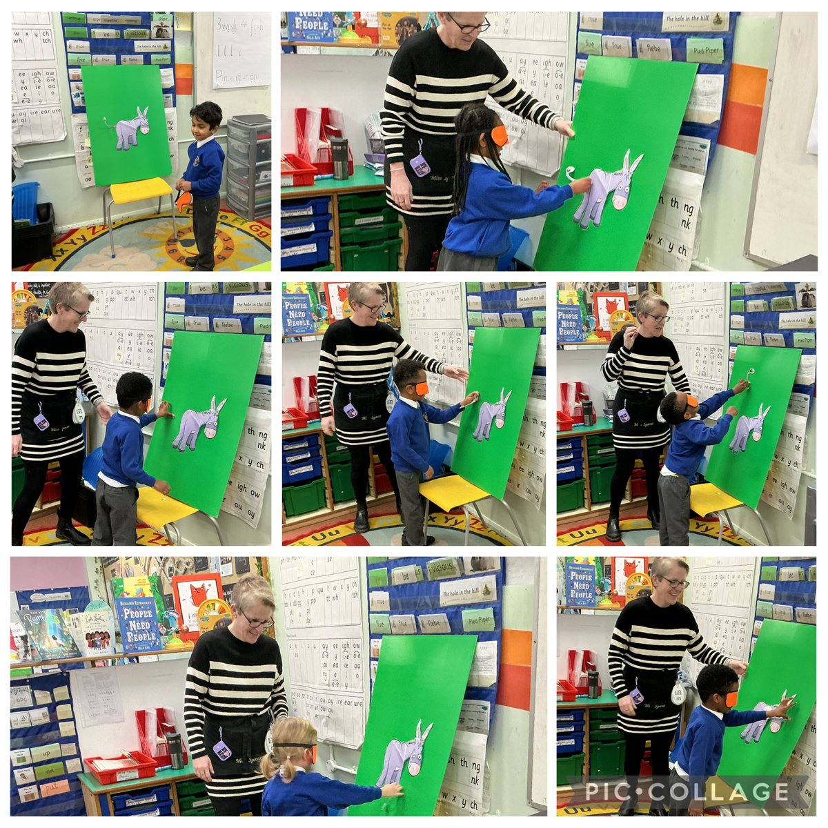 AbbeyPrimary's tweet image. After reading today's Ditty, Red Group, had their own try at pinning the tail on the donkey. A great way to give meaning to the story, whilst having lots of fun. #phonics #rec @RuthMiskinEdu @OUPPrimary 🐸📚🤗