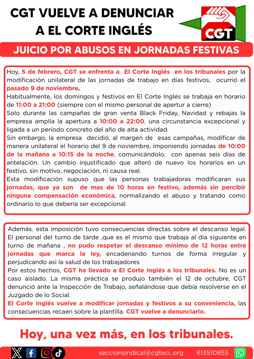 CGT denuncia de nuevo a El Corte Inglés por abusos en los horarios en festivos.
🤔 ¿De qué lado estarán el resto de sindicatos: del de los trabajadores o del de la empresa?