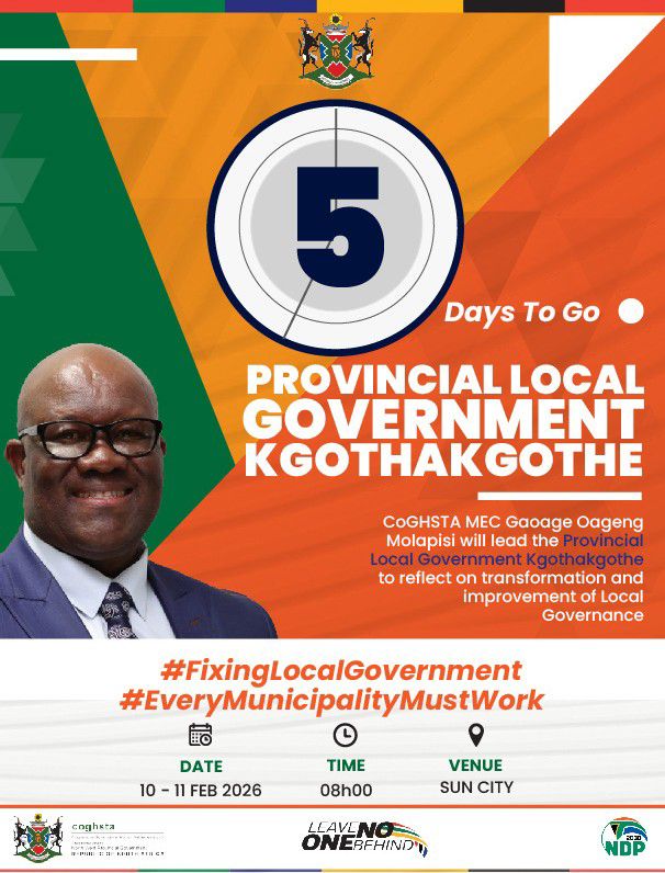 5 Days To Go - Provincial Local Government Kgothakgothe. 
#FixingLocalGovernment #EveryMunicipalityMustWork #TowardsIdealMunicipalities #CogatInAction #NWPG #LetsGrowNorthWestTogetherent