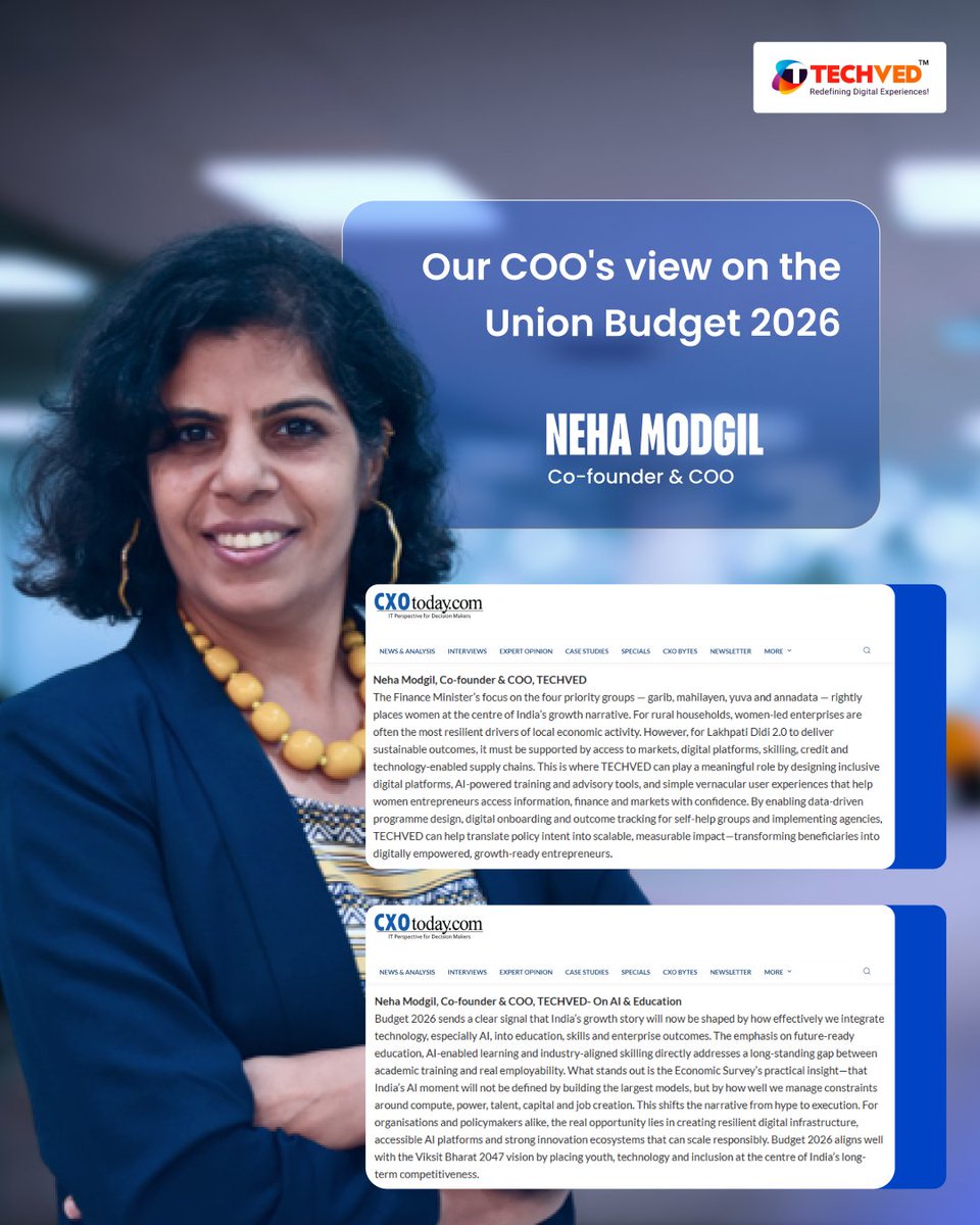 techved's tweet photo. Union Budget 2026 puts Inclusion and Digital capability at the centre of growth.

Our Co-Founder &amp; COO, Neha Modgil, shares her perspective.

#UnionBudget2026 #Leadership #DigitalInclusion #TECHVED https://t.co/hyT0GXJene