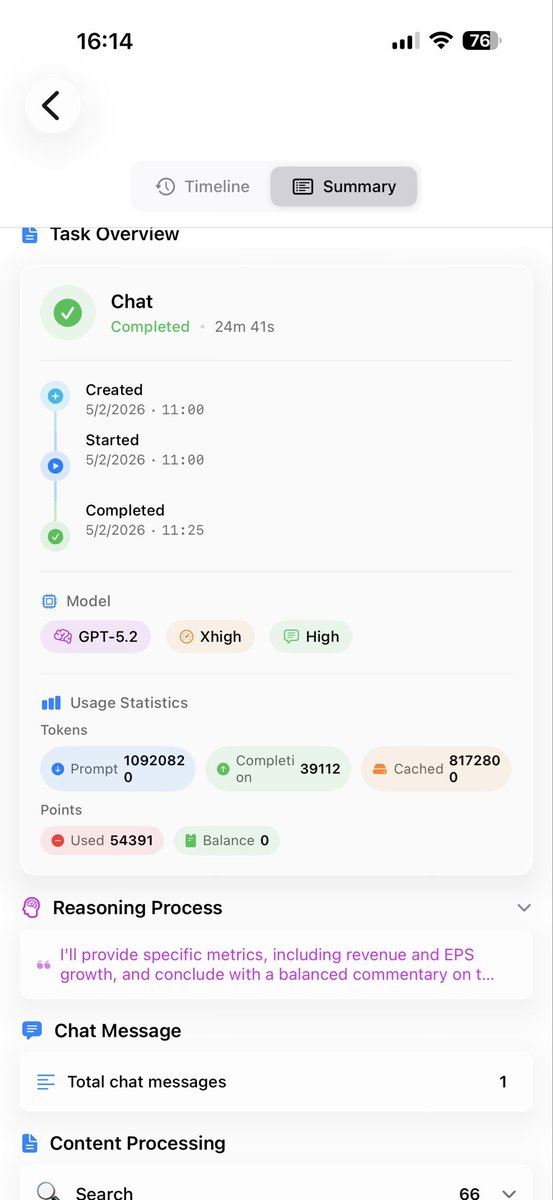YanyuRensheng's tweet image. 这个财报解读，GPT-5.2 xhigh总耗时24分钟，1110万个input token（缓存800万），搜索了300多个URL，有效提取30多个网页，花费5.4美金。