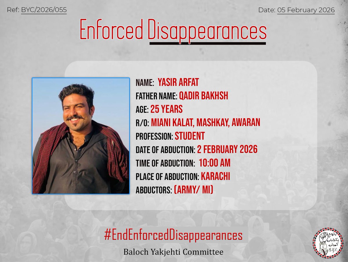 𝗘𝗻𝗱 𝗘𝗻𝗳𝗼𝗿𝗰𝗲𝗱 𝗗𝗶𝘀𝗮𝗽𝗽𝗲𝗮𝗿𝗮𝗻𝗰𝗲𝘀!

#EndEnforcedDisappearances
#StopBalochGenocide