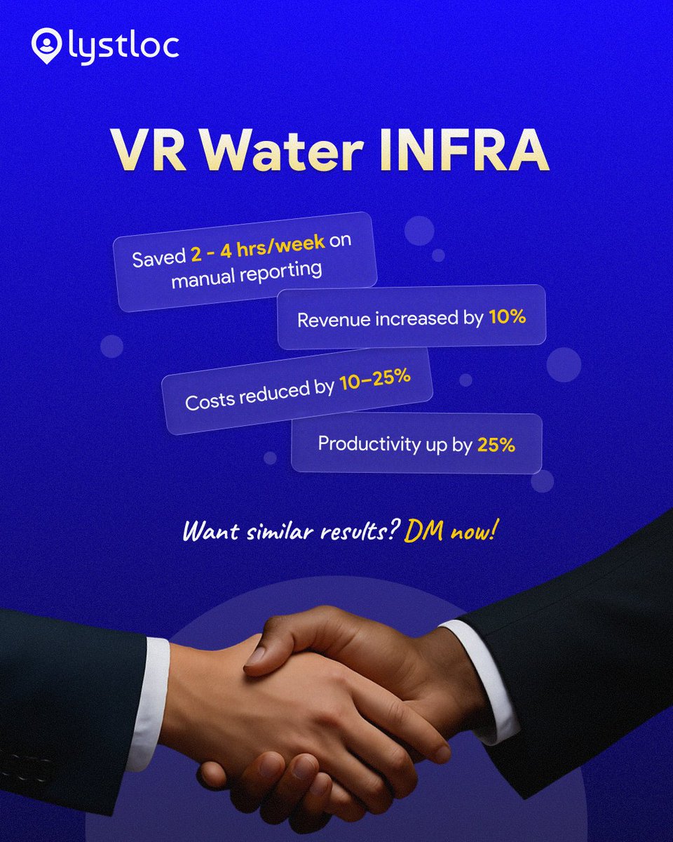 From manual errors to measurable gains, see how VR Water INFRA boosted productivity by 25% with Lystloc.

🔴 Productivity up by 25%
🔴 Costs reduced by 10 - 25%
🔴 Revenue increased by 10%

To achieve similar results, DM us.

#lystloc #growth #results #tracking