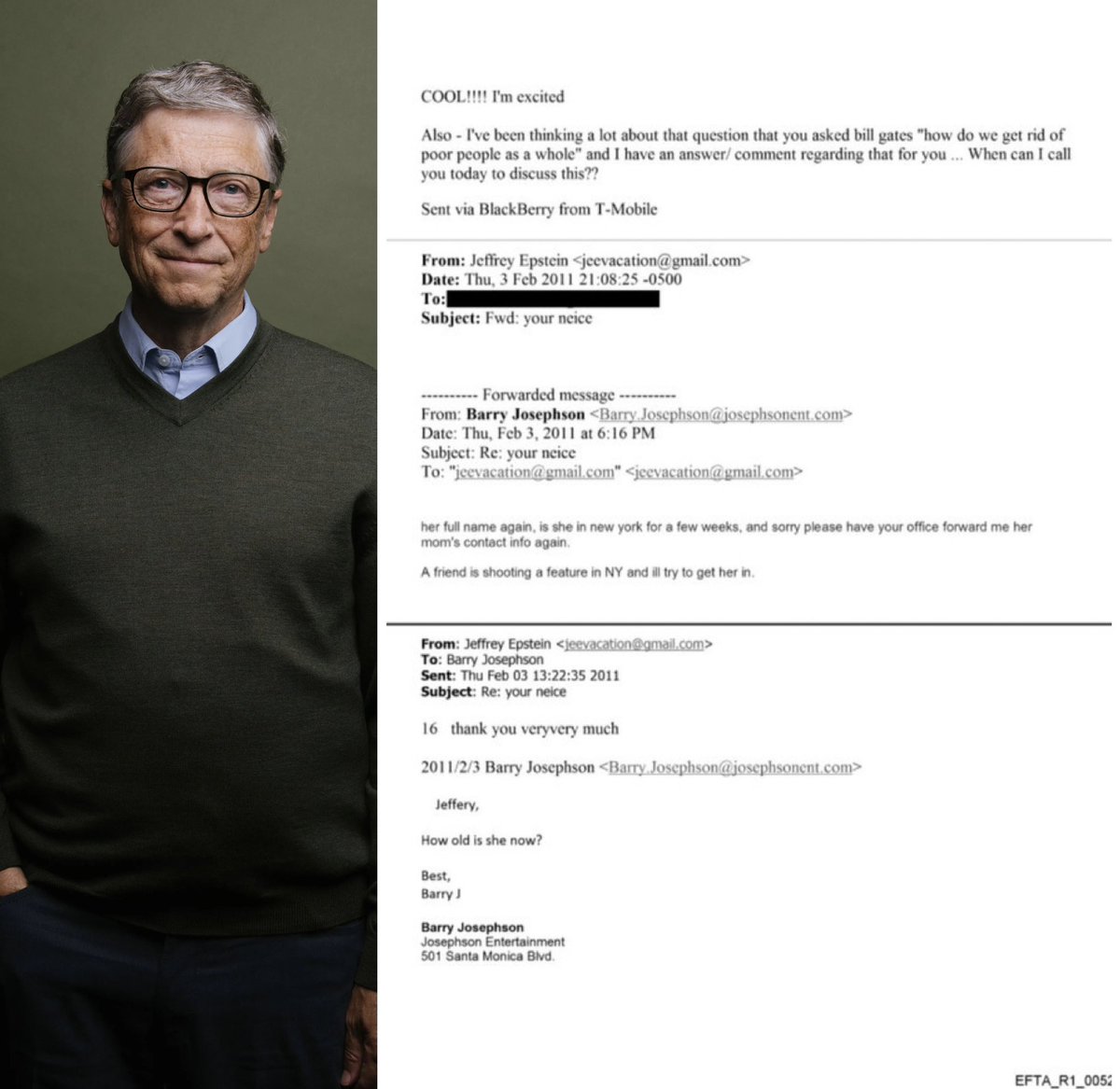 Horrible.

"He estado pensando mucho en esa pregunta que le hiciste a Bill Gates: "¿Cómo nos deshacemos de los pobres en general?"... y tengo una respuesta. El director Barry Josephson se dirigió a Jeffrey Epstein.

10 años después, Bill Gates exigió que el mundo fuera "vacunado"