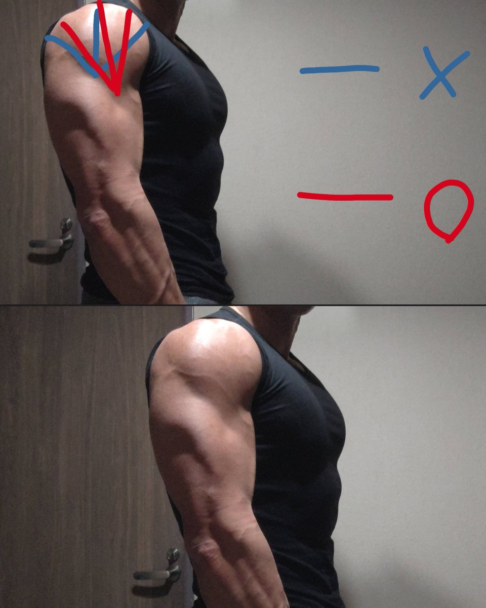 肩の筋肉、やや身体の前面寄りです
腕の真ん中に集まっていくのではなく