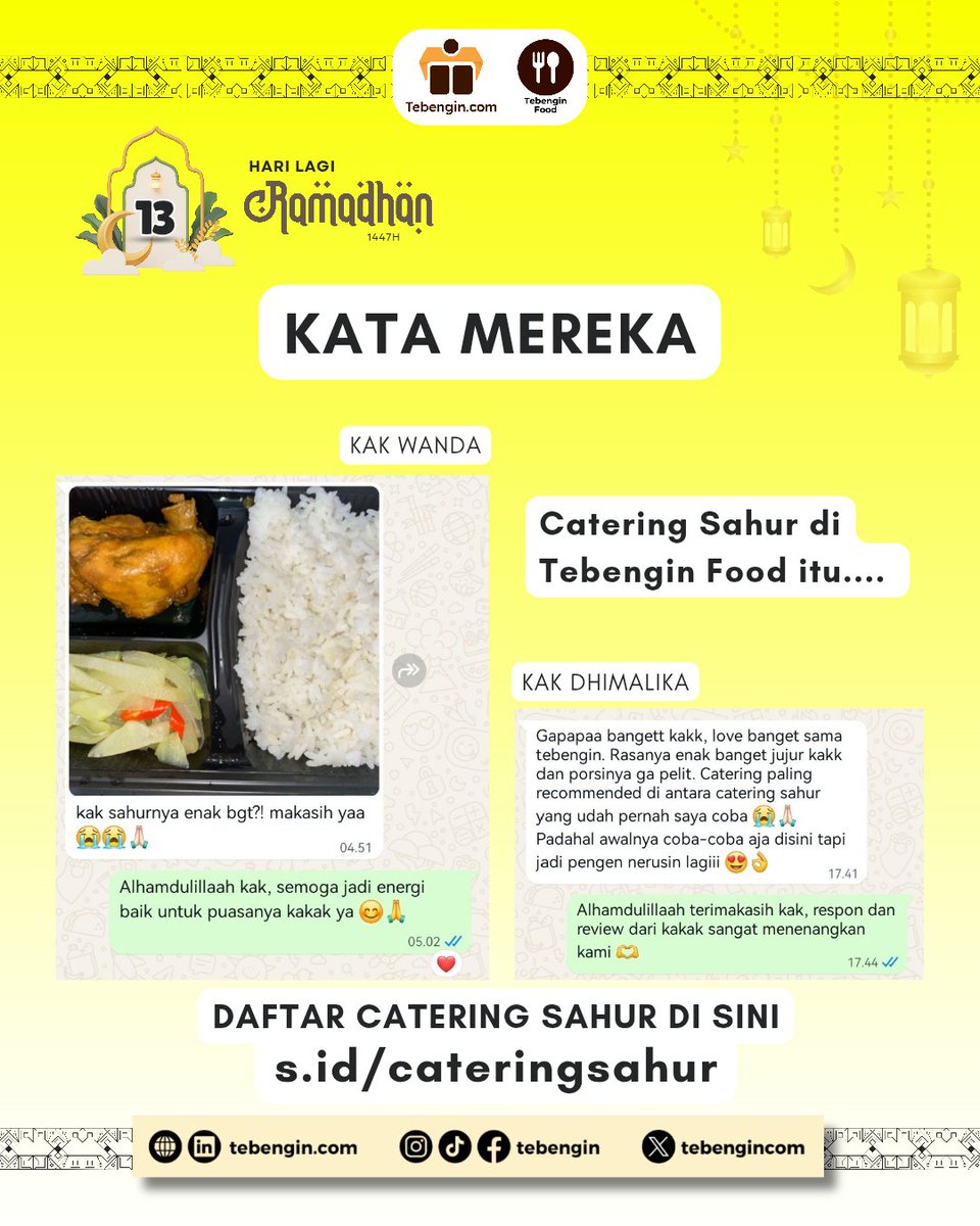TebenginCom's tweet photo. HITUNG MUNDUR: 13 HARI! 🔥
'Love banget sama Tebengin! Rasa enak, porsi ga pelit, recommended catering sahur terbaik!' – Kak Wanda &amp; Kak Dhimallika 🙌
Banyak yang mulai dari coba-coba, tapi akhirnya nerusin full Ramadhan 😭❤️
Siap energi puasa tanpa repot? 
Daftar di sini https://t.co/aRXursXuKf