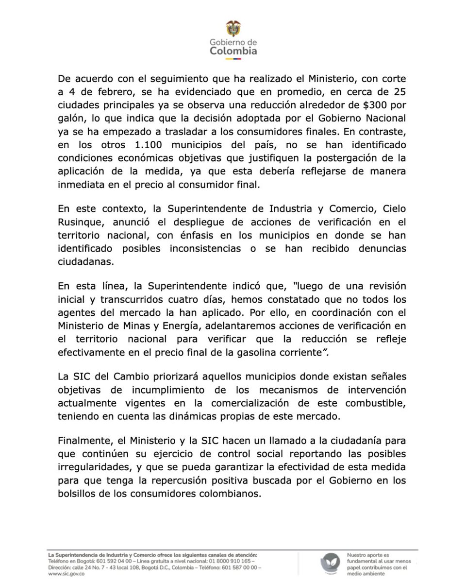 🚨La SIC y <a href="/MinEnergia/">Ministerio de Energía</a> refuerzan controles para garantizar la reducción del precio de la gasolina corriente. Se adelantarán acciones de verificación en el territorio nacional para comprobar la aplicación de este beneficio vigente desde el 1 de febrero a los consumidores finales.