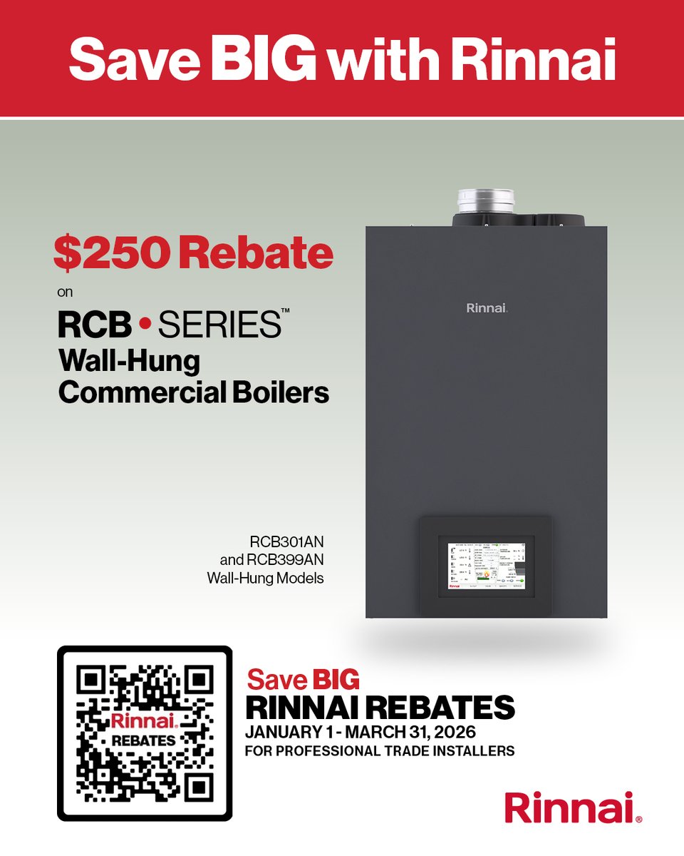 Rinnai's tweet photo. Now until March 31, 2026, take advantage of this incredible promotion on RCB· Series™ Wall-Hung Commercial Boilers!

👉 $250 for each RCB Wall-Hung Commercial Boiler you purchase.

Visit https://t.co/vCeHnhdSoR to claim yours.

For Professional Trade Installers Only.

#Rinnai https://t.co/Dj2UfHc6E6
