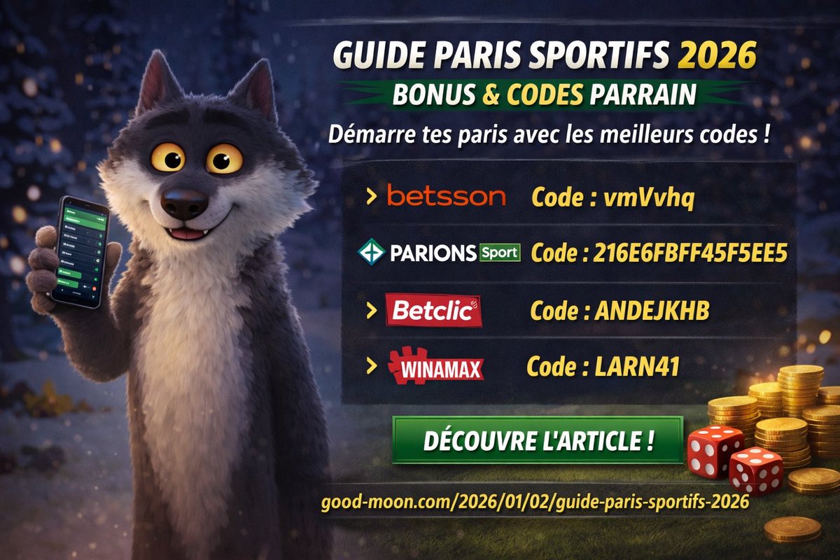_GOOD_MOON's tweet photo. 📊 Guide Paris Sportifs 2026
Tous les meilleurs bonus &amp; codes parrain pour bien démarrer 👇

🐺 Code parrain Betsson : vmVvhq → Bonus 10€

🏟️ Code parrain Parions Sport : 216E6FBFF45F5EE5 → 40€

🔥 Code parrain Winamax : LARN41 → Bonus 20€

#Paris #CodeParrain #Teamparieur https://t.co/ALp1RfHUYK