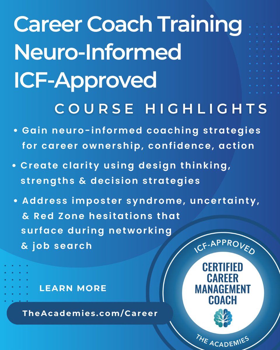 BrainCoachSusan's tweet image. Our ICF-approved Career Coach training blends head &amp;amp; heart, mindset &amp;amp; mechanics, and the technical &amp;amp; adaptive!
🎉 Join our Certified Career Management Coach Course on 3/19!
🏛️ #ICF &amp;amp; #SHRM Aprvd
💼 Learn more hubs.li/Q040-tMf0
#coachtraining #careercoaching #coacheducation