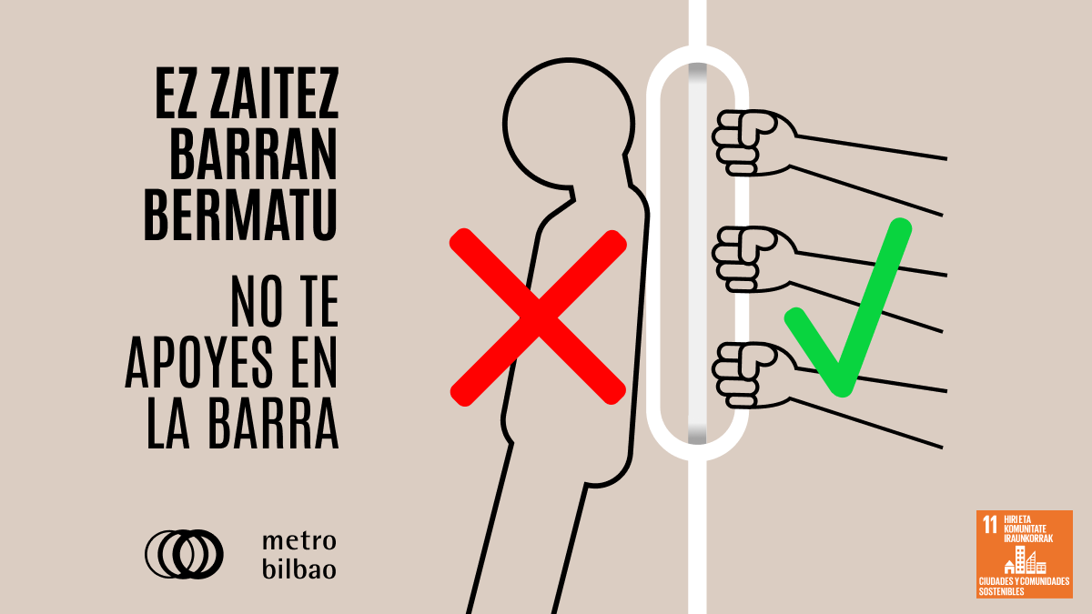metrobilbaoeus's tweet photo. 🚇 Ez zaitez barran bermatu.

Heldu iezaiozu eta utzi beste pertsona batzuei erabiltzen ere.

Eskerrik asko ❤️

--

🚇 No te apoyes en la barra.

Agárrate a ella y permite que otras personas puedan utilizarla también.

Muchas gracias ❤️

#MetroBilbao #Metro #Bilbao https://t.co/MzdJo0z5tV