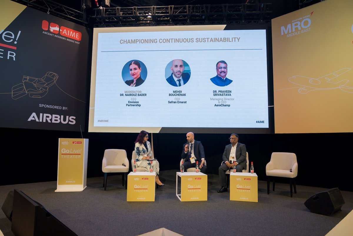 AIMiddleEast's tweet photo. Speakers Mehdi Bouchenak, and Dr. Praveen Srivastava, moderated by Dr. Nairouz Bader, discussed the challenges of implementing green initiatives, overcoming current hurdles, and preparing for new propulsion technologies and SAF-powered aircraft. https://t.co/rhrxxi6HUn