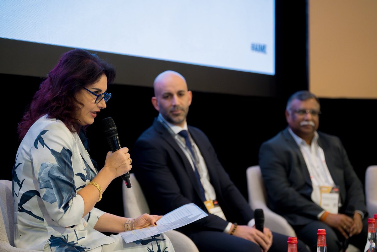 AIMiddleEast's tweet photo. Speakers Mehdi Bouchenak, and Dr. Praveen Srivastava, moderated by Dr. Nairouz Bader, discussed the challenges of implementing green initiatives, overcoming current hurdles, and preparing for new propulsion technologies and SAF-powered aircraft. https://t.co/rhrxxi6HUn