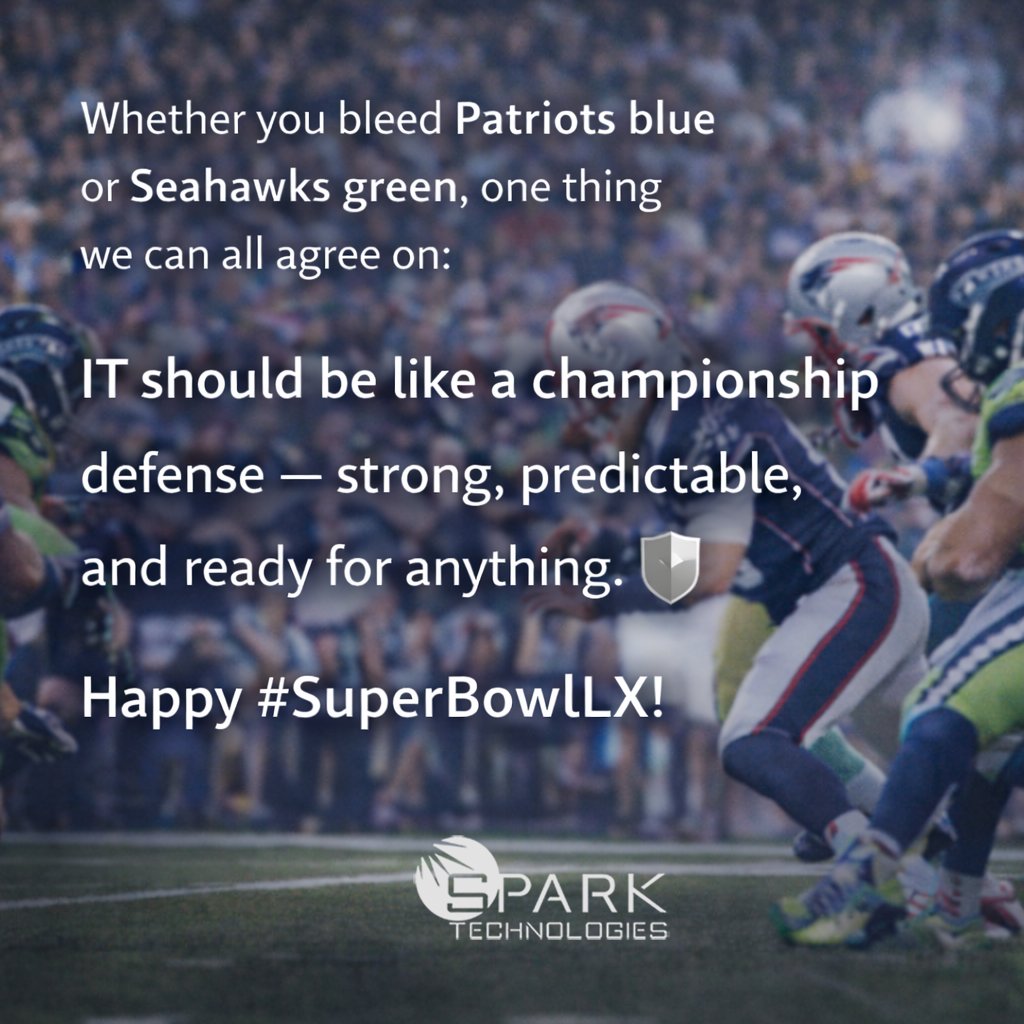 Whether you bleed Patriots blue or Seahawks green, one thing we can all agree on:
IT should be like a championship defense — strong, predictable, and ready for anything. 🛡️

Happy #SuperBowlLX!
sparktechllc.com

#FootballSunday #MSP  #SparkTechnologies #sparktechllc