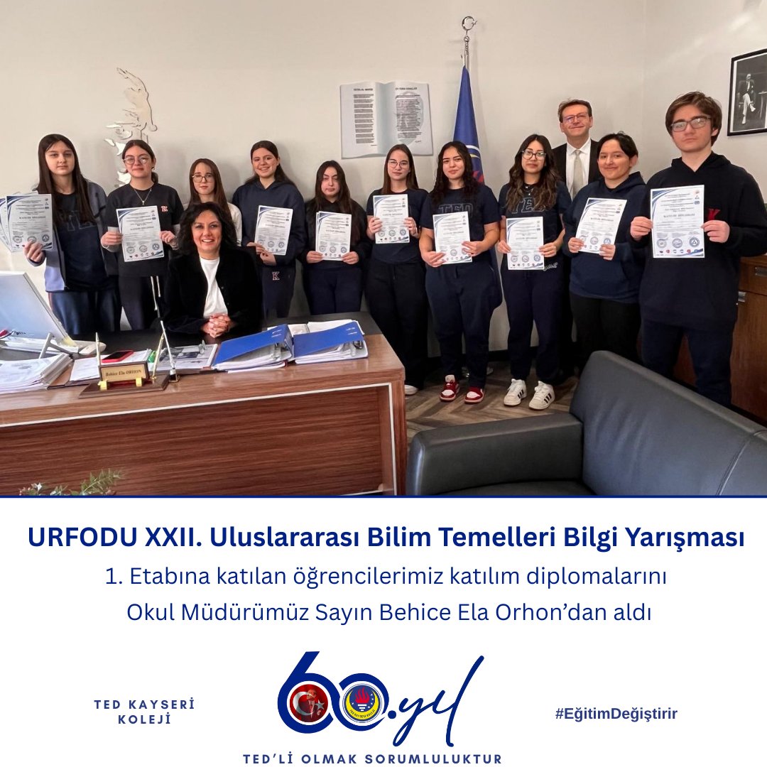 URFODU XXII. Uluslararası Bilim Temelleri Bilgi Yarışması 1. Etabına katılan öğrencilerimiz katılım diplomalarını Okul Müdürümüz Sayın Behice Ela Orhon’dan aldı. Elde ettikleri başarılı sonuçlar için öğrencilerimizi tebrik ediyor, Final etabında başarılar diliyoruz.