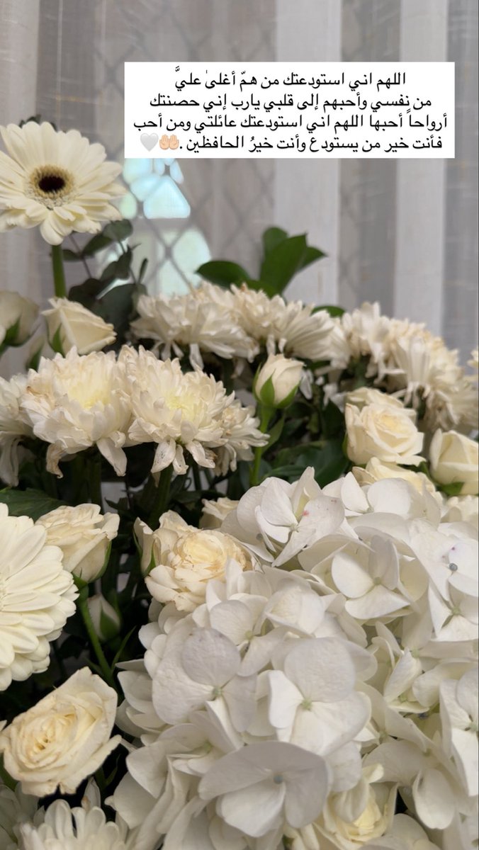 اللهم اني استودعتك من همّ أغلىٰ عليَّ
من نفسي وأحبهم إلى قلبي يارب إني حصنتك أرواحاً أحبها اللهم اني استودعتك عائلتي ومن أحب فأنت خير من يستودع وأنت خيرُ الحافظين .🤲🏻🤍