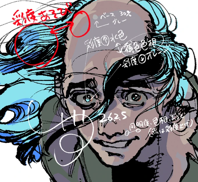 色相は感覚でおもいきるけどわりと考えてぬってる。印象を残したいところに補色おくの好き。色数をギリギリまで制限したい縛りも好き。最初から最後まで明度計画をしている。