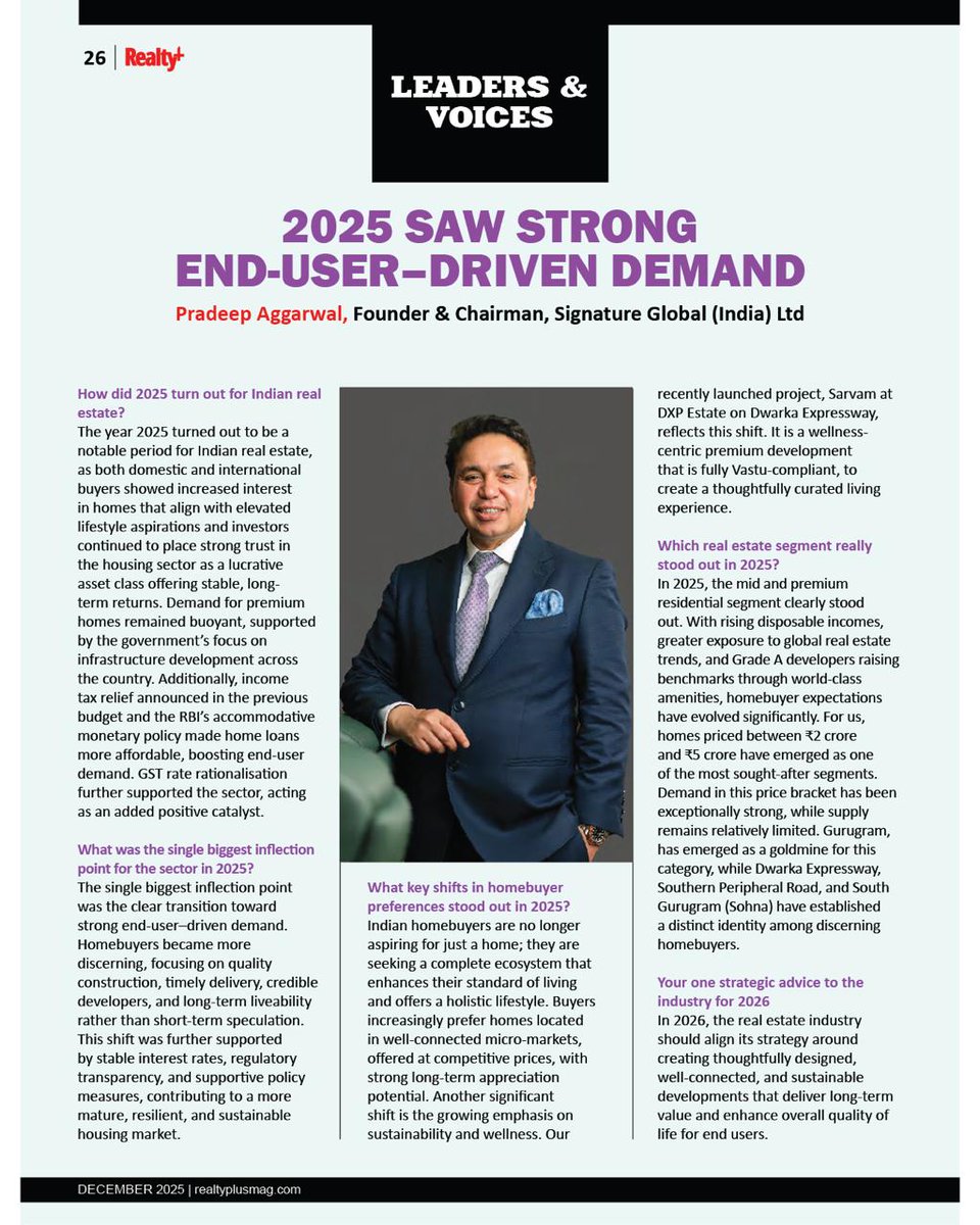 RPRealtyPlus's tweet image. “2025 saw a decisive shift towards strong end-user-driven demand.” - Pradeep Aggarwal, Founder &amp;amp; Chairman, Signature Global (India) Ltd

Read the full perspective in the December 2025 issue:
🔗 rprealtyplus.com/magazine/decem…

#RealtyPlus #DecemberIssue #LeadersAndVoices #PradeepAggarwal