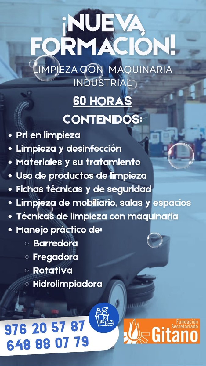 Apúntate a nuestras formaciones gratuitas en Técnico de Prevención y Limpieza Industrial con Maquinaria y adquiere habilidades clave para mejorar tus competencias laborales. 💼