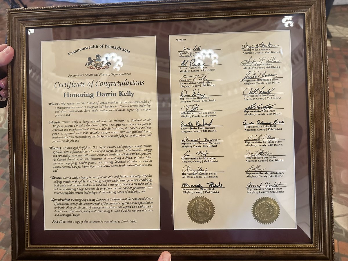 Darrin Kelly was presented with a citation recognizing his service to our community yesterday in the state Capitol.
Darrin recently retired as a Pittsburgh Fire Fighter and as the President of Allegheny-Fayette County Labor Council! Congrats!
#UnionStrong #PASenate #PAHouse