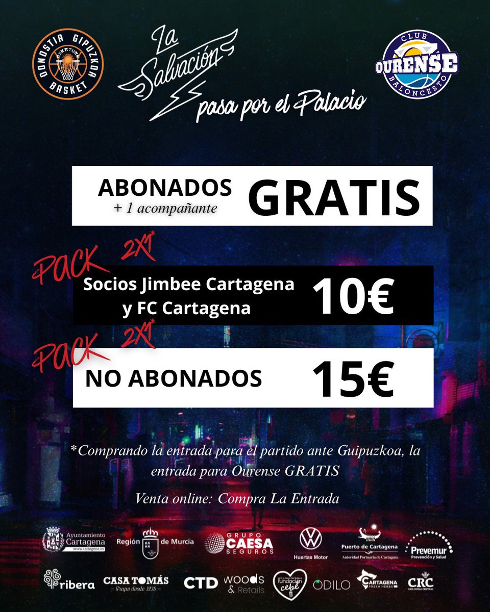 🎟️ 𝑽𝑬𝑵𝑻𝑨 𝑬𝑵𝑻𝑹𝑨𝑫𝑨𝑺 | 

2️⃣ Pack DÚO 

🆚 <a href="/gipuzkoabasket/">Inveready Gipuzkoa Basket</a> ( Sábado )
🆚 <a href="/COBSAD/">Cloud.gal Ourense Baloncesto</a> ( Miércoles ) 

🖥️ Venta online 
fccartagenacb.compralaentrada.com
📍 Venta física 
Grupo Caesa Seguros ( C/ Campos ) 

#VamosCebé 🤍🖤